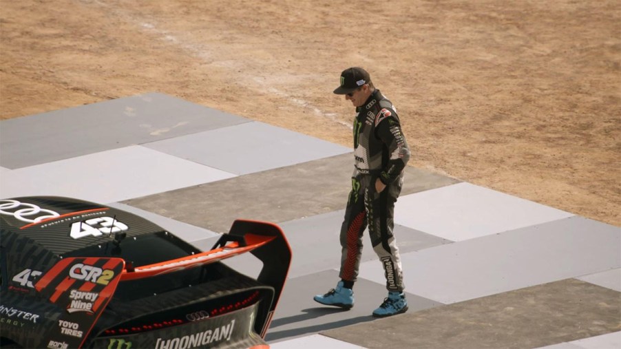 Ken Block approaching Audi Hoonitron in Electrikhana Two YouTube trailer