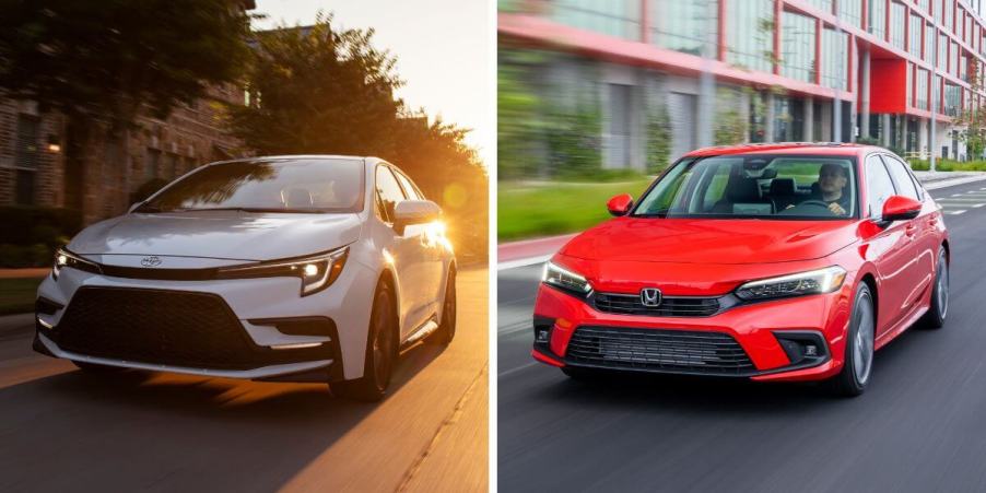 The 2023 sedan model years of the Toyota Corolla XSE (L) and Honda Civic Touring (R) compact cars