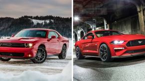 The 2018 model years of the Dodge Challenger (L) and Ford Mustang (R) muscle car/sports car models