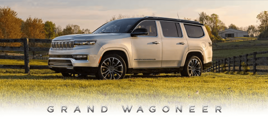 A promotional header image for the 2024 Jeep Grand Wagoneer full-size luxury SUV on a farm