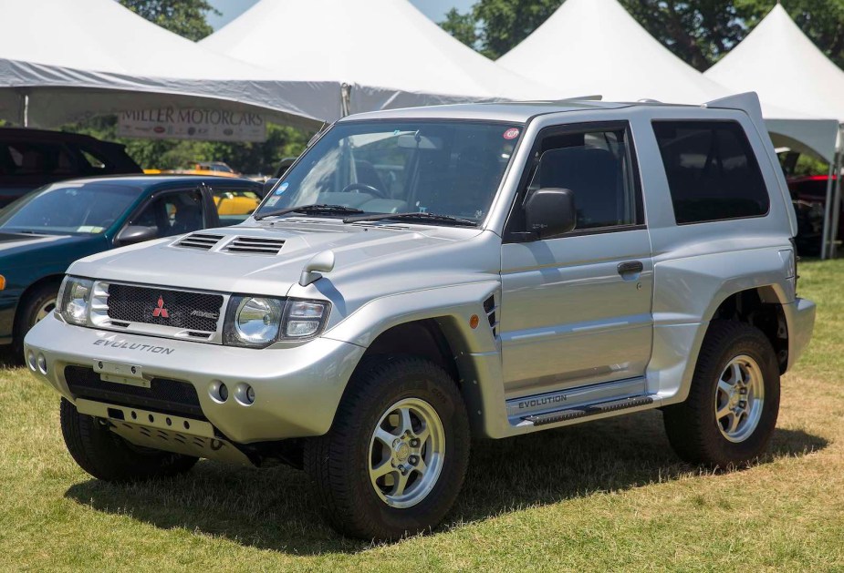 Silver Mitsubishi SUV parked in a grass field.