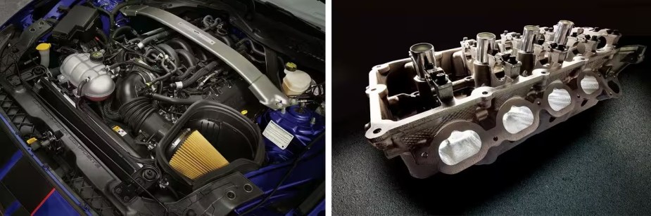 The engine compartment of a Mustang GT350 and the block of a Voodoo V8.