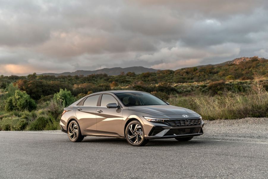 2024 Hyundai Elantra Hybrid in silver at sundown. It's very comparable to the Toyota Corolla Hybrid.