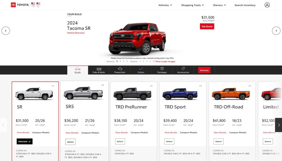 Screenshot of the new 2024 Tacoma configurator on the Toyota website.