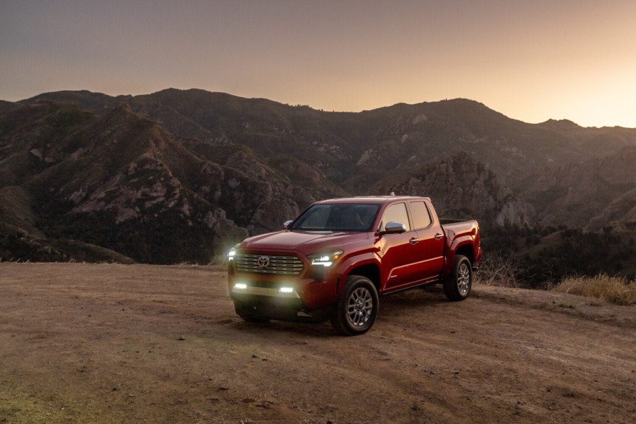 Red Toyota Tacoma truck with the 2024 manual transmission option