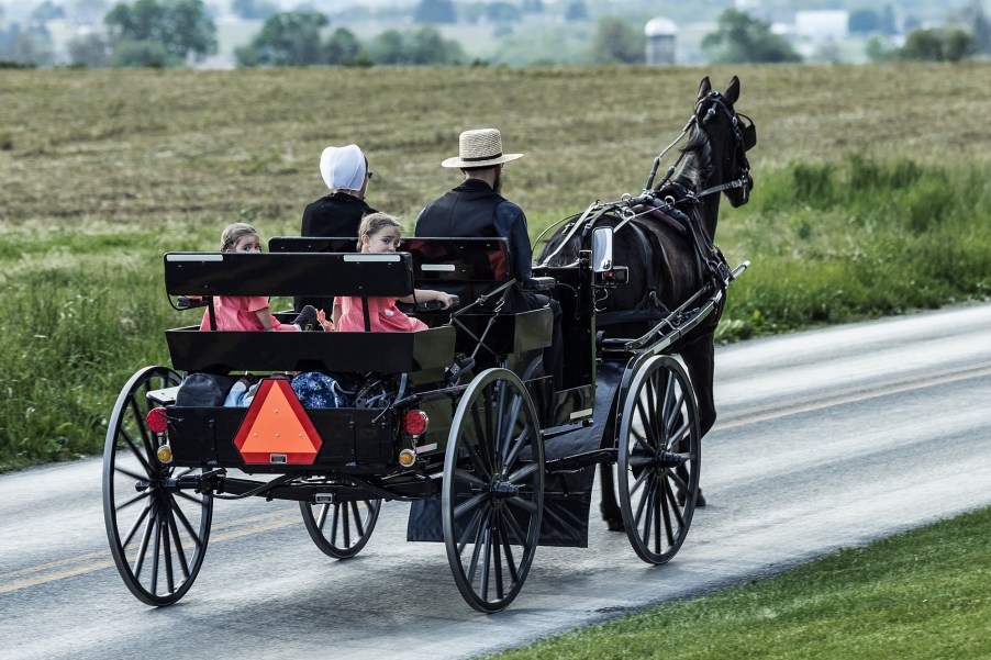 An Amish family in a horse-drawn buggy