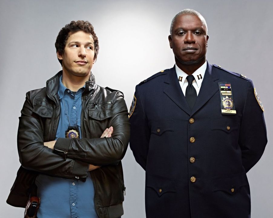 Andre Braugher smiles next to Andy Samberg to promote the 'Brooklyn 99'.