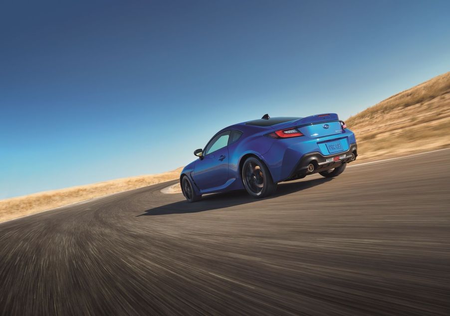 A 2024 Subaru BRZ tS takes a corner on a desert track.