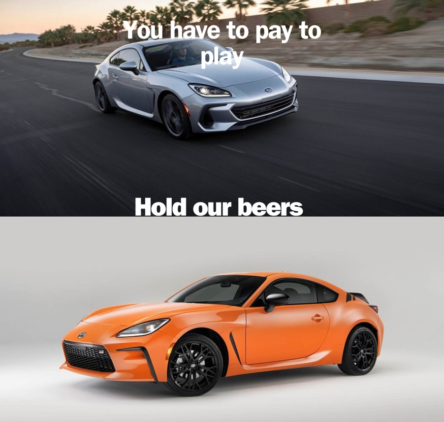 A car meme shows two of the best budget sports cars on the market, a Subaru BRZ and Toyota GR86.