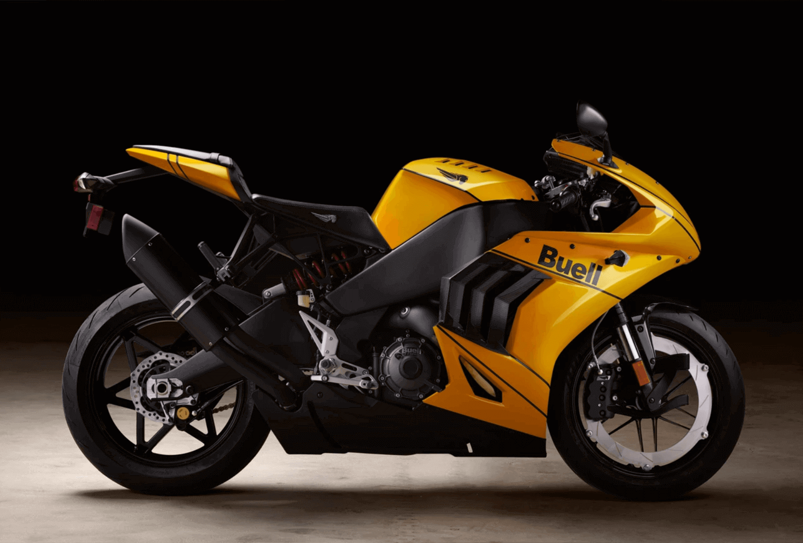 A yellow Buell Hammerhead 1190 shows off its side profile.