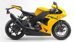 A yellow Erik Buell Racing EBR 1190RX shows off its side profile.