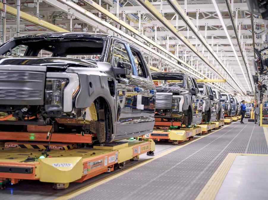 The electric Ford F-150 Lightning production line in Dearborn, Michigan.