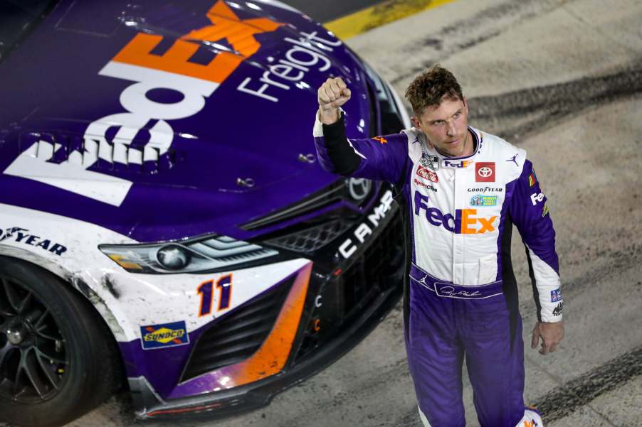 Denny Hamlin celebrates after winning at Bristol