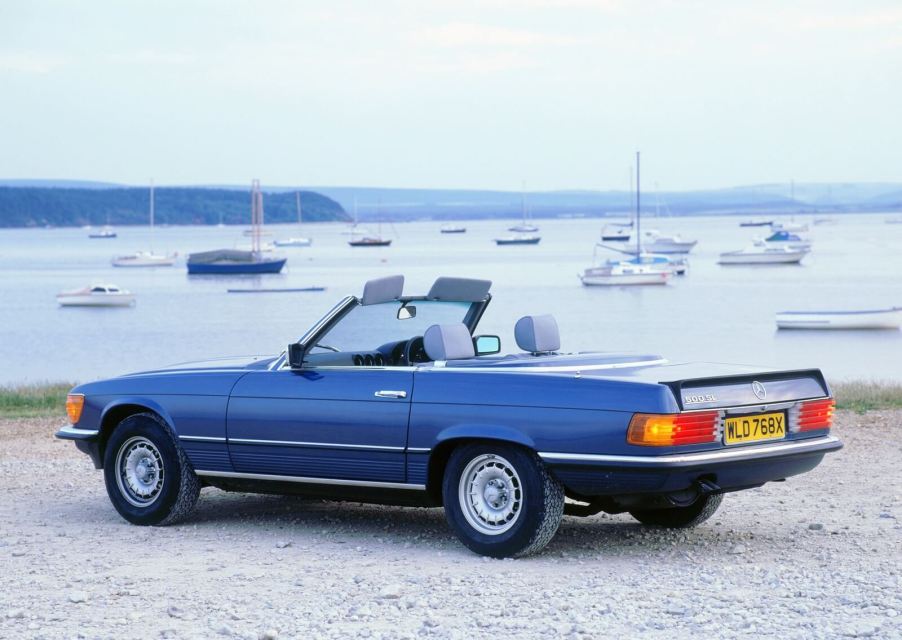 An R107 Mercedes-Benz SL, like the one from 'Ernest Saves Christmas,' shows off its rear-end styling.