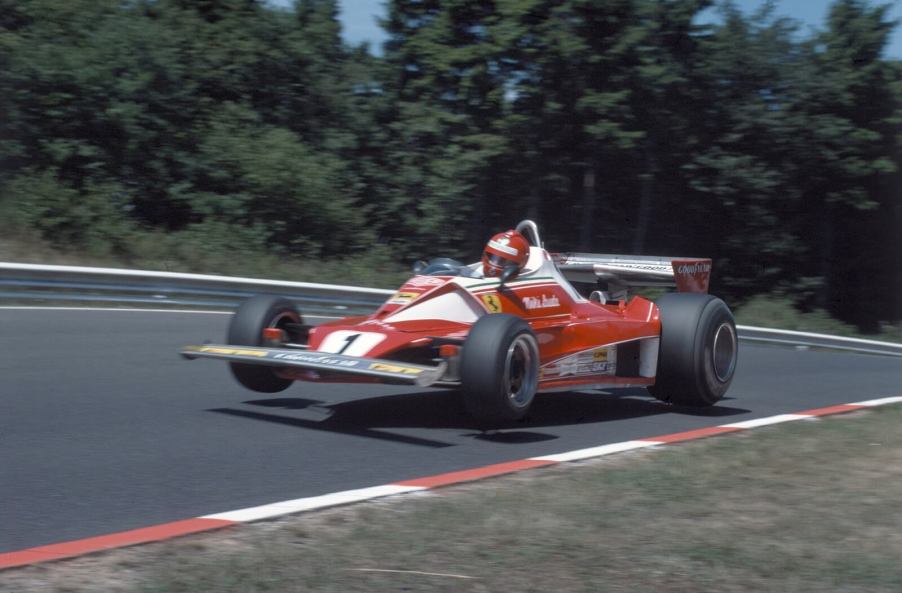 Niki Lauda catches air in his Ferrari F1 car in a still from a documentary movie.