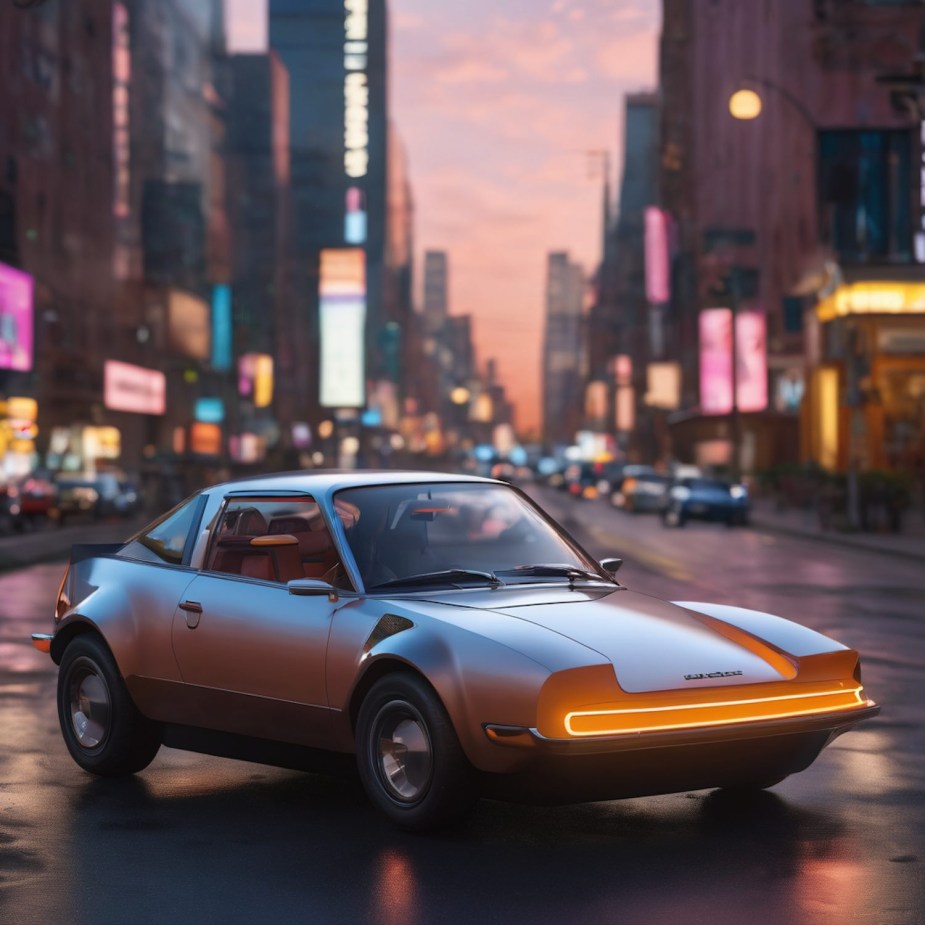 A Cyberpunk styled 1980s retro-futuristic compact electric car.