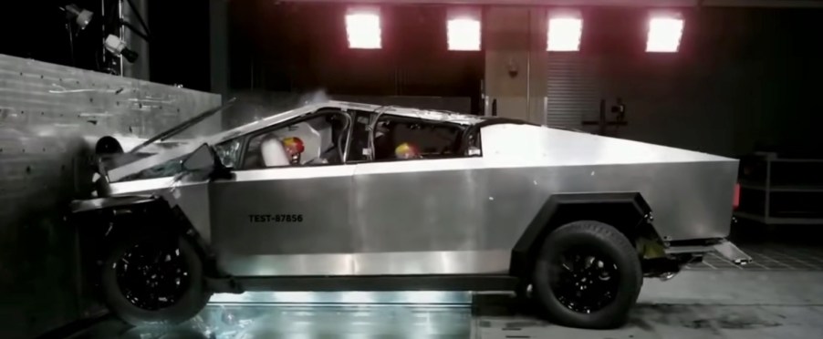 Side view of a Tesla Cybertruck during a crash test.