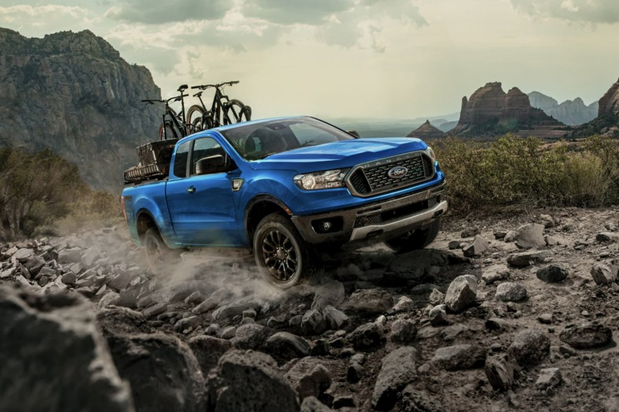 The 2023 Ford Ranger off-roading over rocky terrain