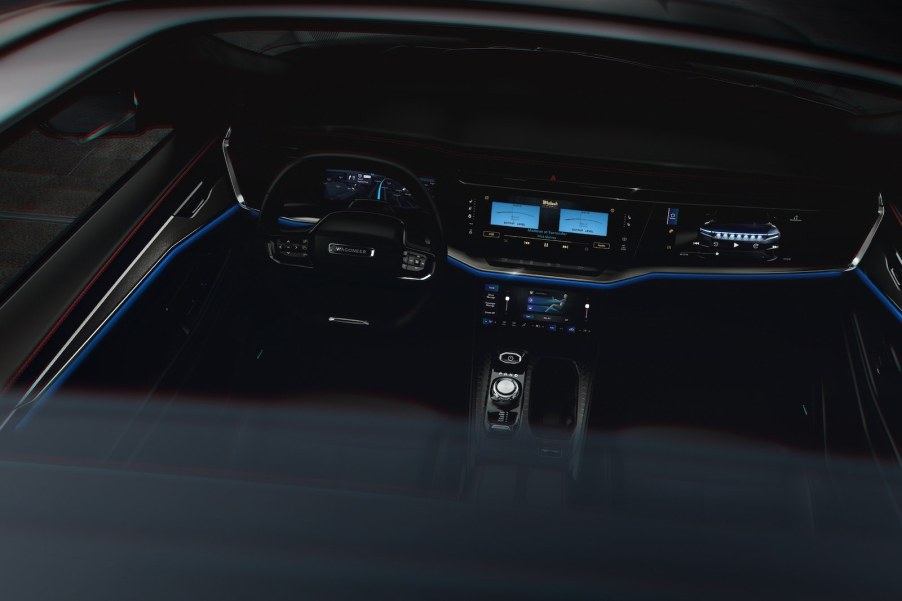 The interior of a Jeep Wagoneer S EV with touchscreens but no buttons.