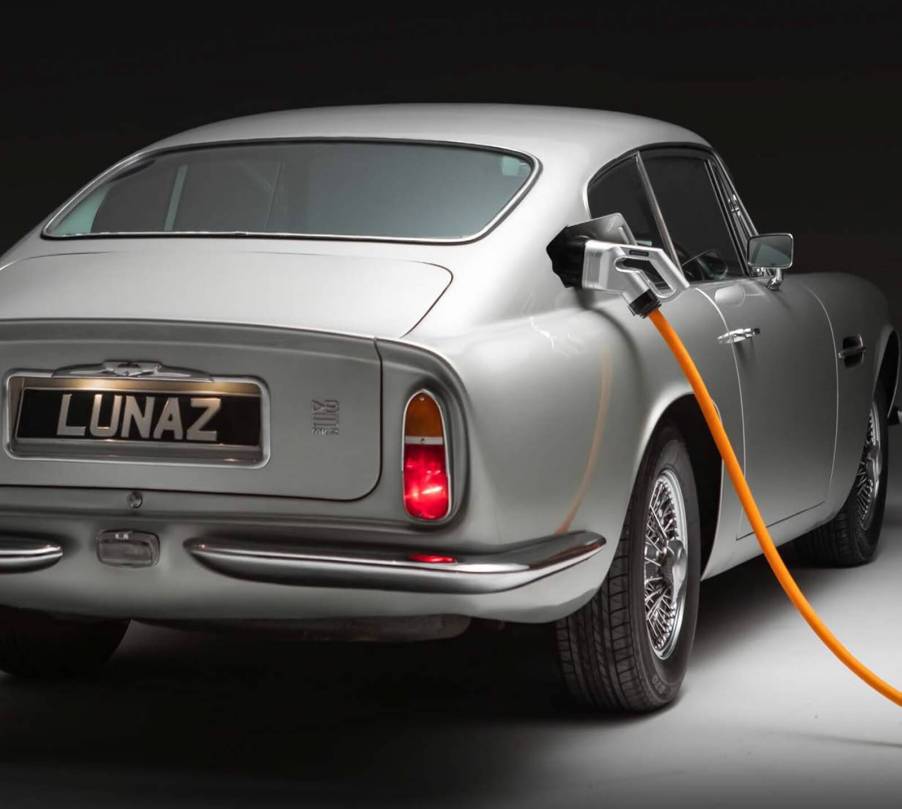 A Lunaz Aston Martin DB6 shows off its electromod charging architecture.