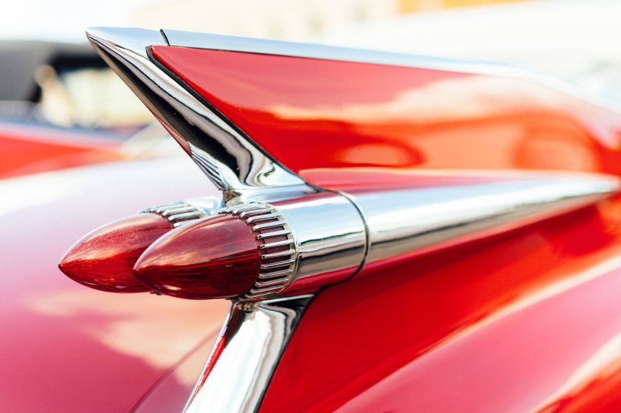 The chrome fin of a classic car parked in California.