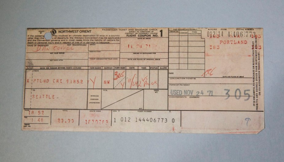 Orient Eastern airline ticket used by sky-jacker "D.B. Cooper" in 1971