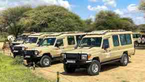 A row of diesel Toyota Land Cruiser trucks parked on safari in Tanzania