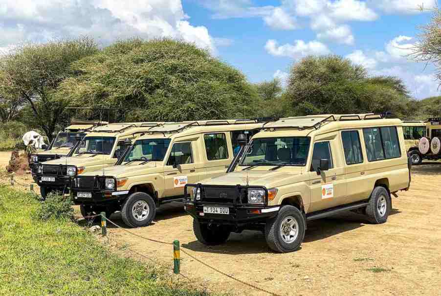 A row of diesel Toyota Land Cruiser trucks parked on safari in Tanzania