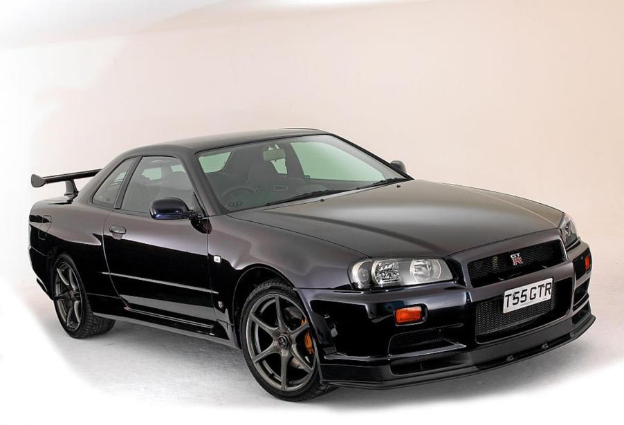 A 1999 R34 Nissan Skyline GT-R shows off its front-end styling.