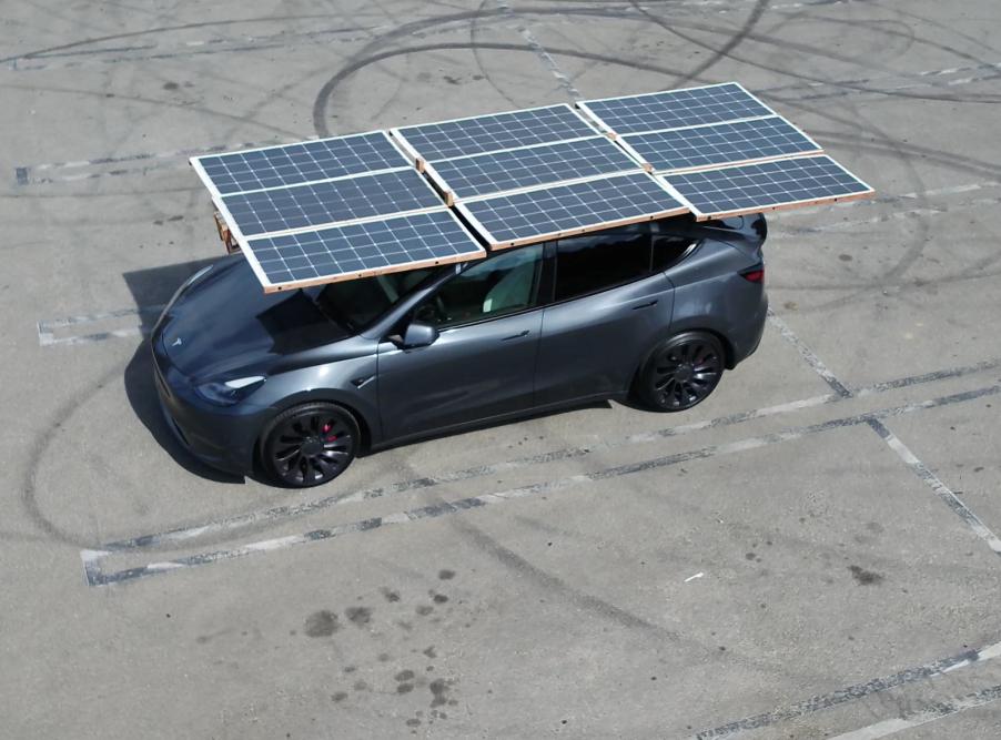 The Beta 2 array by Dart Solar deployed on the roof of a Tesla Model Y.