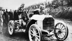 A Mercedes-Simplex 60 HP the world's most expensive auction car and drivers shown after winning the Gordon Bennett Race, Athy, Ireland, 1903.