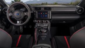 A Subaru BRZ shows off its interior with adaptive cruise control and a six-speed manual.