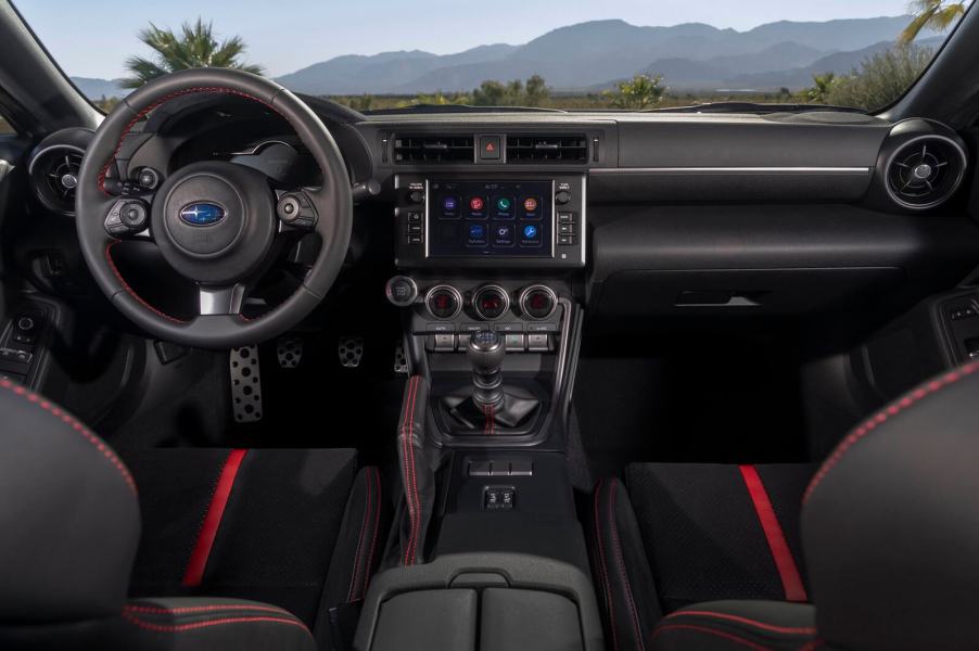 A Subaru BRZ shows off its interior with adaptive cruise control and a six-speed manual.