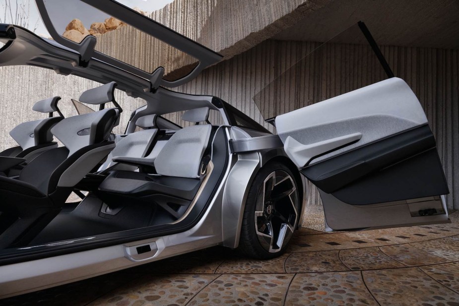 Interior of a Chrysler Halcyon EV concept with its rear-hinged doors open