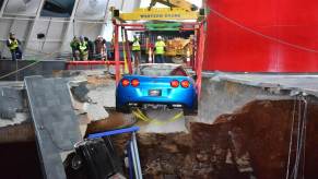 A "Blue Devil" Chevrolet Corvette ZR1 comes out of the National Corvette Museum sinkhole.