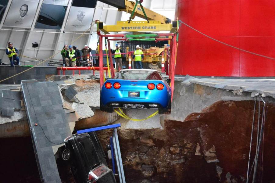 A "Blue Devil" Chevrolet Corvette ZR1 comes out of the National Corvette Museum sinkhole.