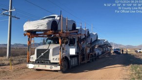 A semi hauler carrying 10 C8 Corvettes