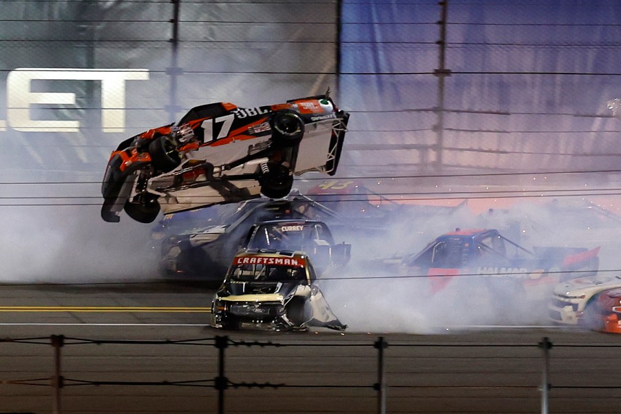 Taylor Gray gets airborne during the 2024 NASCAR Truck Series opening race at Daytona