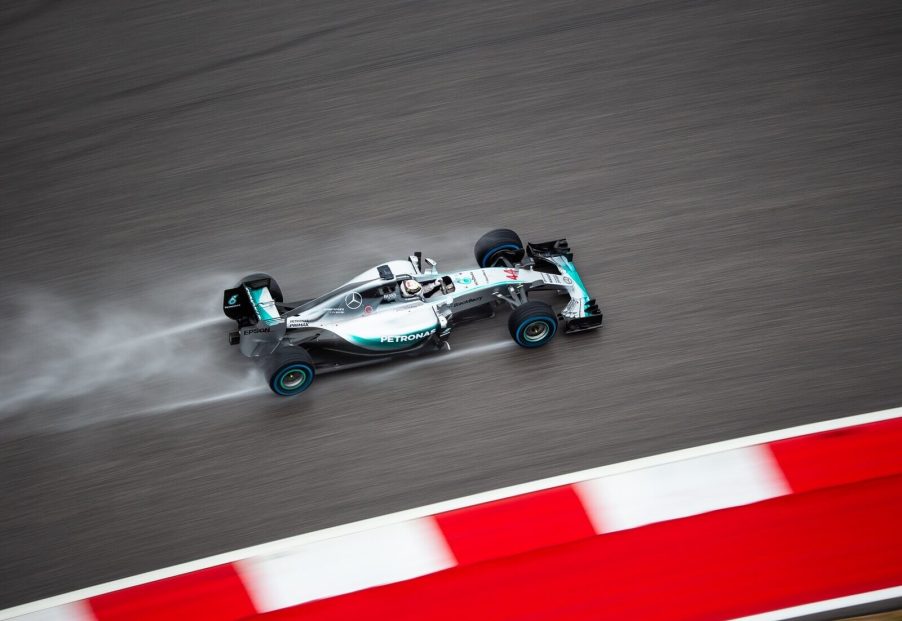 Lewis Hamilton's Mercedes-AMG F1 car at the Circuit of the Americas for the US Grand Prix.