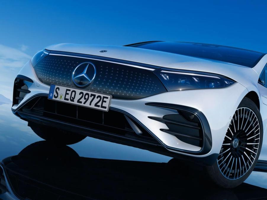 A Mercedes-Benz EQ model, the EQS, shows off its front-end styling.