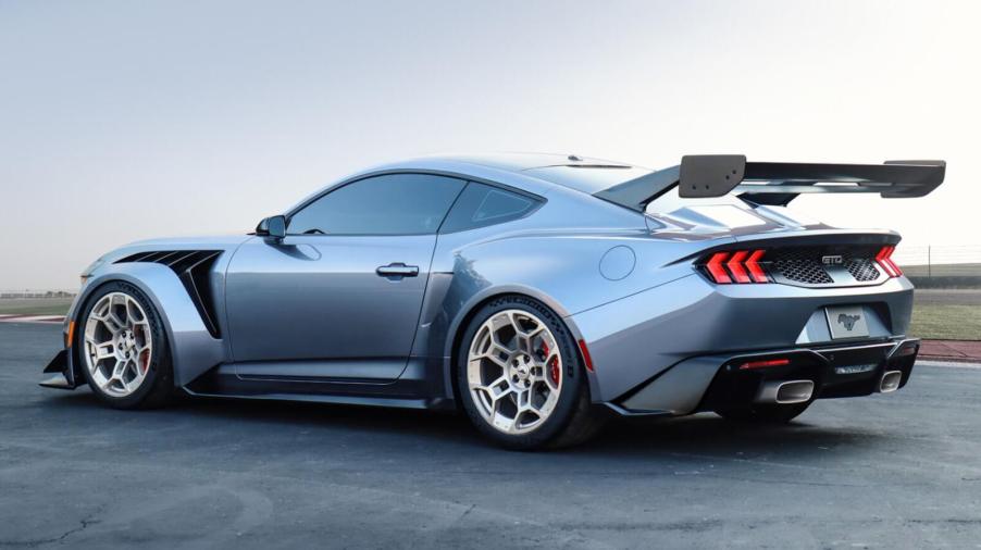 A Ford Mustang GTD shows off its rear wing.