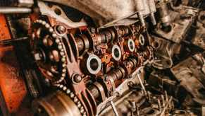 Closeup of the valve train of an engine destroyed by overheating.