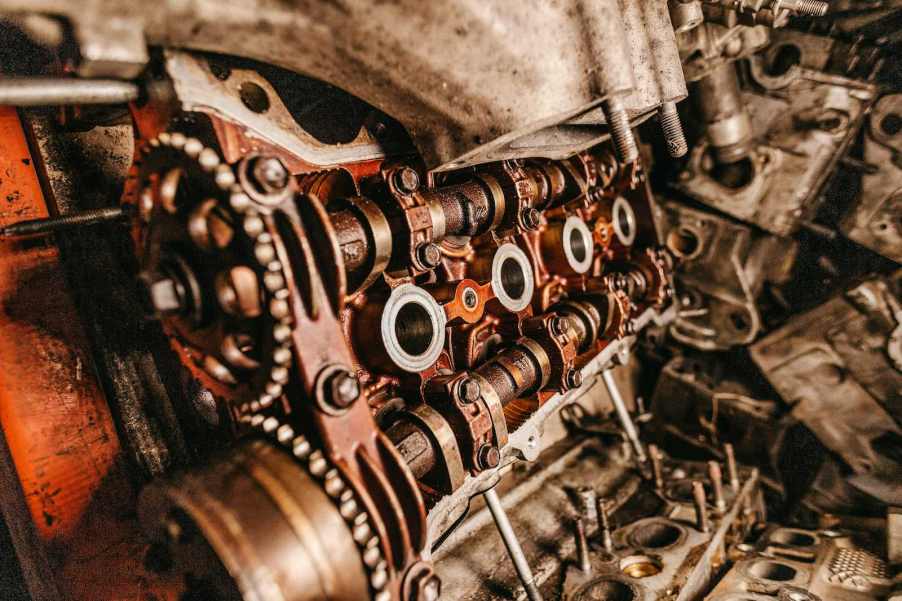 Closeup of the valve train of an engine destroyed by overheating.