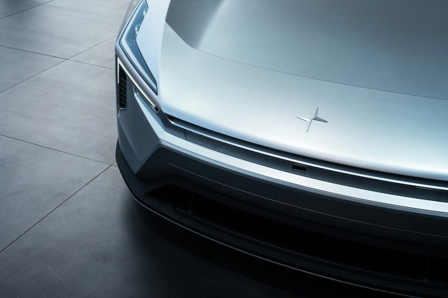 The logo of the Polestar EV startup on the hood of an electric car.