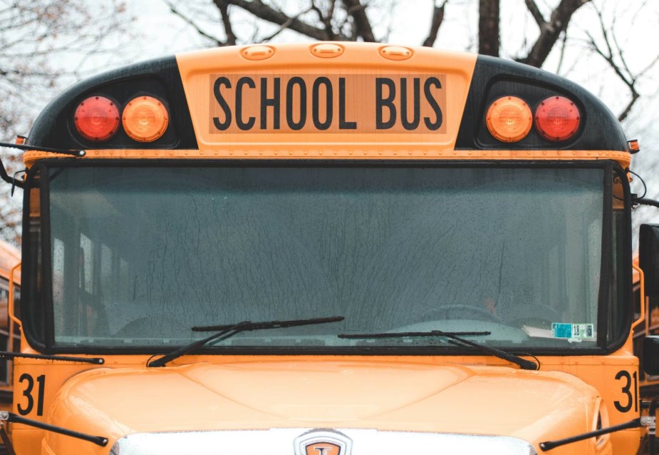 The windshield of a school bus.