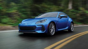 Blue Subaru BRZ tS sports car on a wet road.