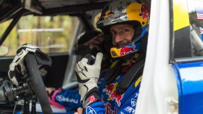 Travis Pastrana in a Subaru for the 2021 rally championship season.