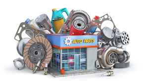 A rendering of an auto parts store surrounded by many car parts including clutch, oil filters, pistons, a turbo, spark plugs, and more