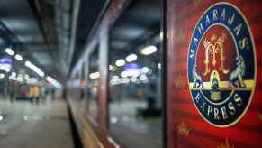 A close exterior shot of the Maharajas' Express luxury train in India