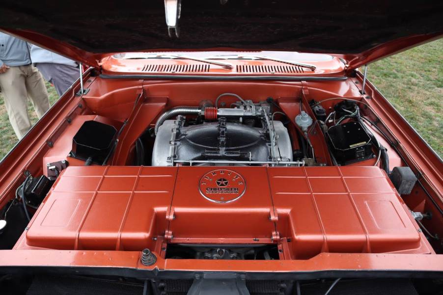 The air compressor and turbine engine under the hood of a 1963 Chrysler Turbine car.